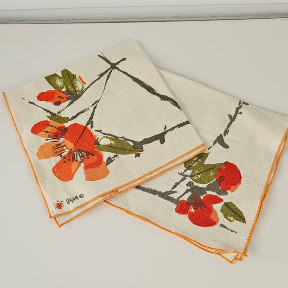 VTG two 1970s orange floral butterfly Vera linen napkins 16 x 16 - Picture 1 of 6